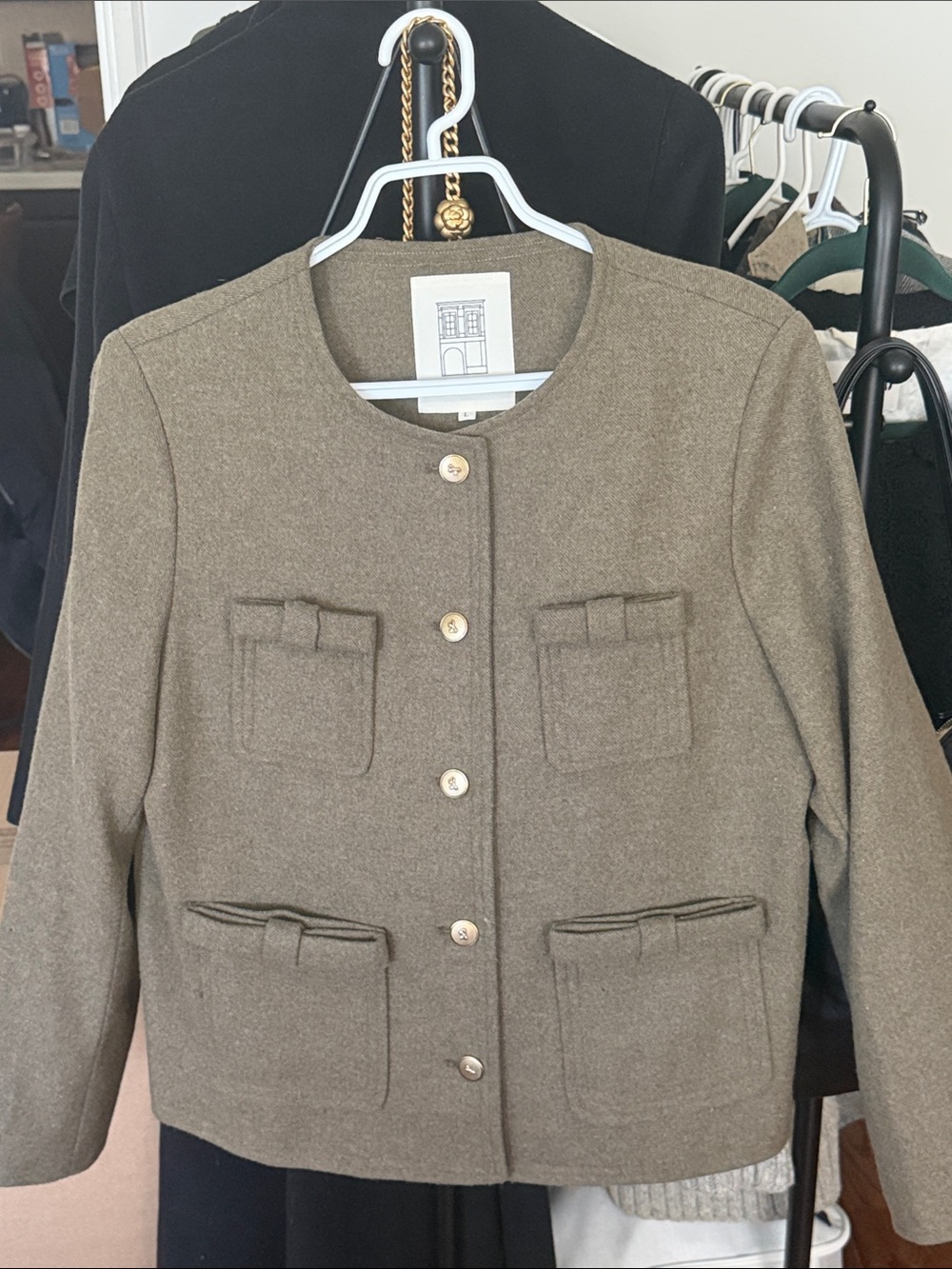 Wool Collarless Pocket Jacket in Olive Brown